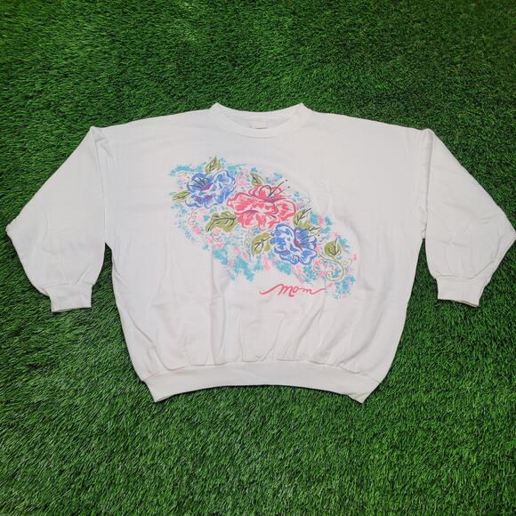 VTG 80s "Mom" Floral Batwing Sweatshirt Boxy Cropped Fit USA Made XL - Picture 1 of 5